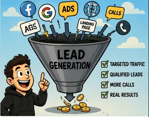 Cartoon man pointing at a lead generation funnel with marketing channels flowing down, with coins at bottom and benefits listed: Targeted Traffic, Qualified Leads, More Calls, Real Results