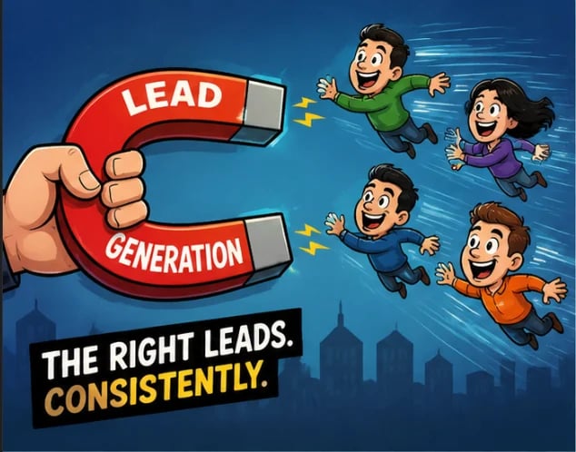Hand holding a red magnet labeled Lead Generation attracting cartoon business people. Text reads The Right Leads. Consistently.